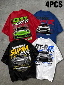 4-Piece Short Sleeve Jersey, Streetwear for Car Enthusiasts, 911 Gt3 Civic Type R Supra Print, Breathable Fabric, Unisex Fit