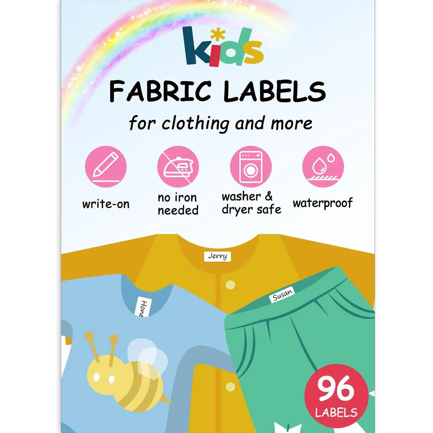No-Iron Fabric Labels,  Clothing Labels Self-Stick Write-, Name Labels for , Camp, School, Toys, Organizing, Washer & Dryer Safe, Pack of 96, 2 Sizes