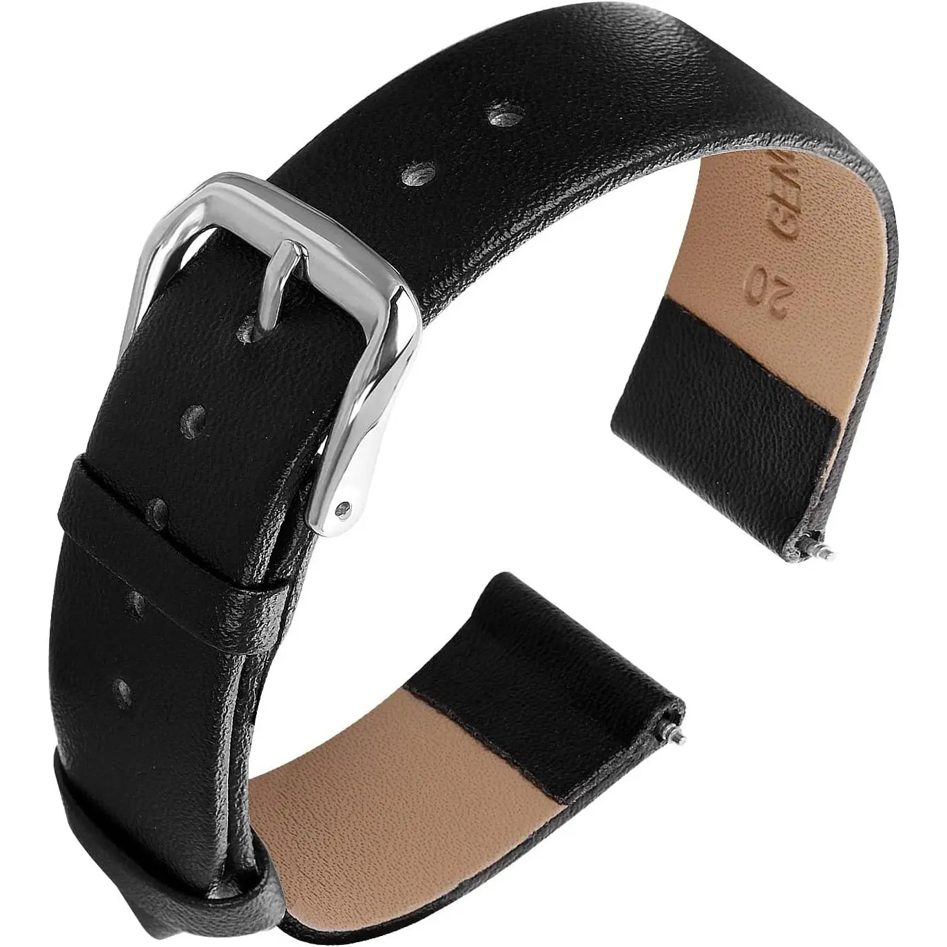 Leather Watch Straps - Soft Calfskin Leather Watch Band Quick Release Replacement Watchband for Men & Women - Universal Watches Bracelet - Stainless Steel Clasp Buckle (Black, 20mm)