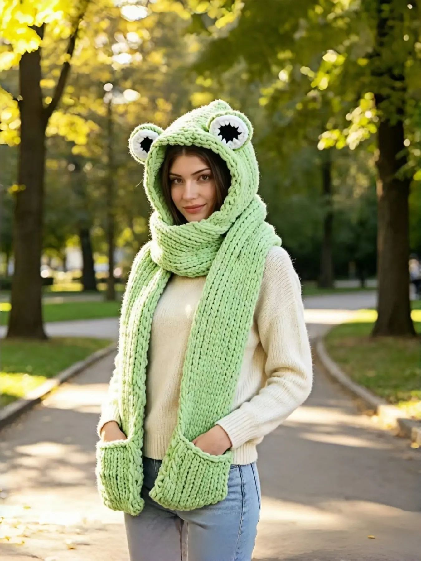 Frog Big Eyes One-Piece Hat, Thick Knit Warm Hat with Scarf and Gloves, Cute Cartoon Winter Hat for Men and Women, Fall & Winter Wear