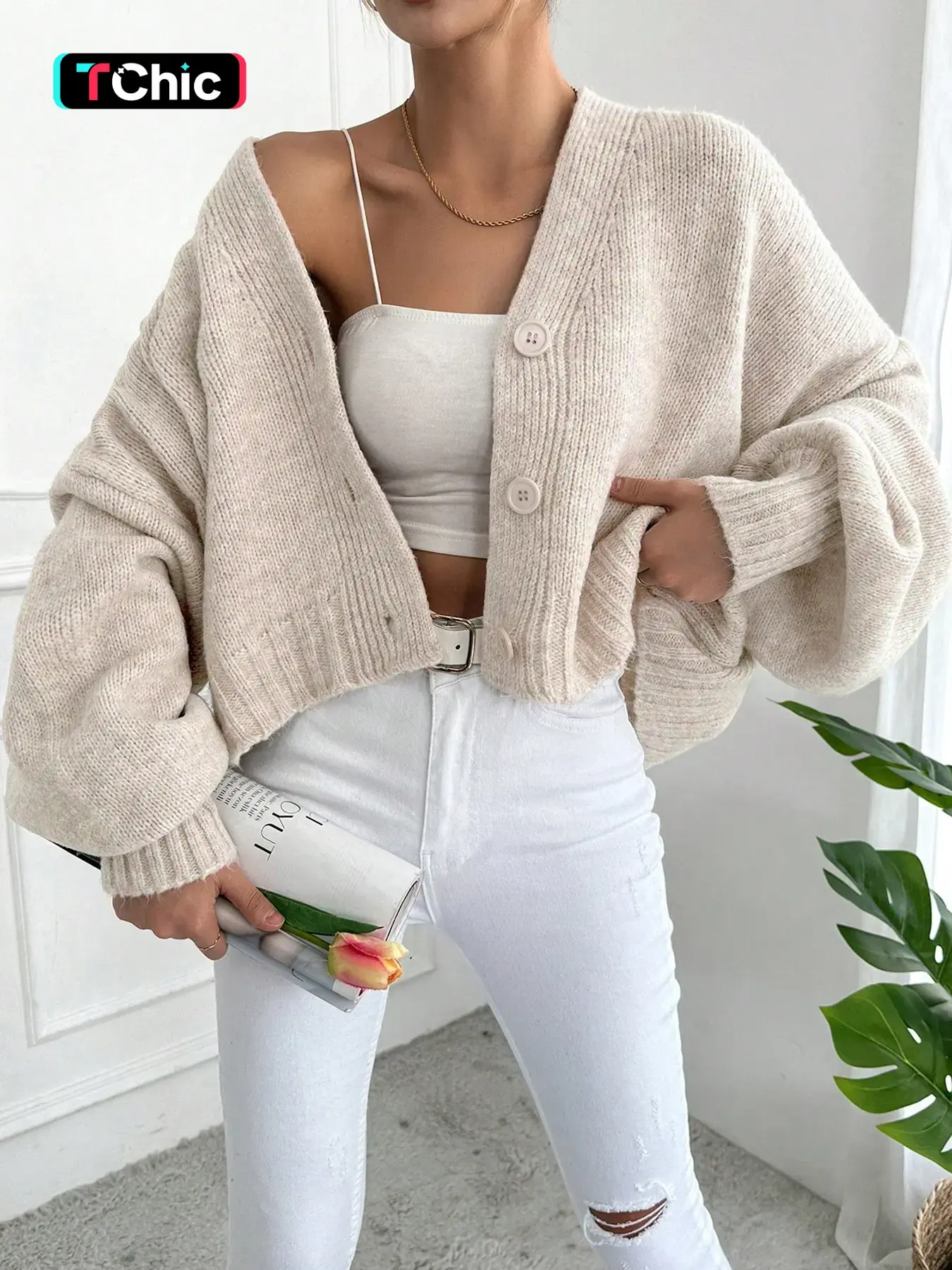 Women's V Neck Lantern Sleeve Sweater, Casual Baggy Loose-Fit Knitted Cardigan, Fall & Winter Fashion, Plain Color, One Button Design, Knitwear