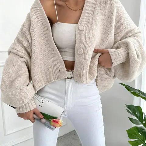 【Black Friday】Women's V Neck Lantern Sleeve Casual Loose-Fit Knitted Cardigan, Fall & Winter Fashion, Plain Color, Knitwear Tops