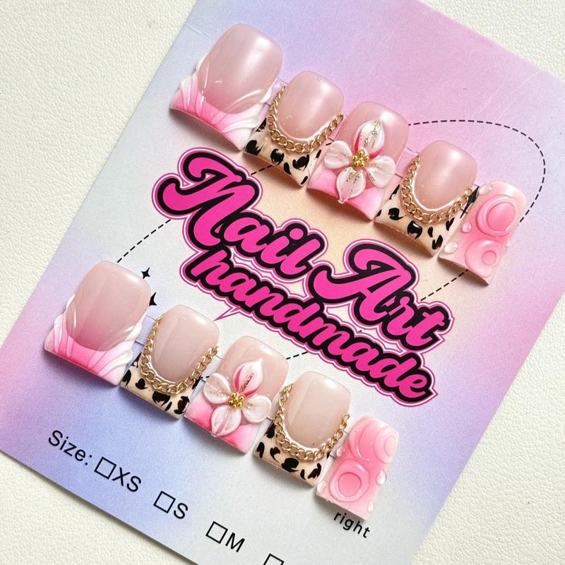 Flower Decor Fake Nails, 10pcs/set Fashion Handmade Reusable Nails Press on Nails for Women & Girls Diy Nail Art, Elegant Stick on Nails Kit