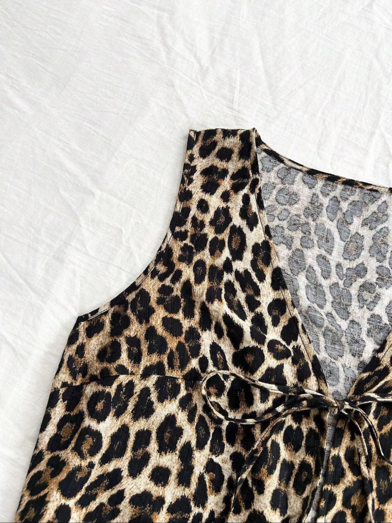 Women's All Over Print Leopard Tie Front Fitted Tank Top, Casual Sleeveless V Neck Top for Summer, Ladies Clothes for Daily Wear