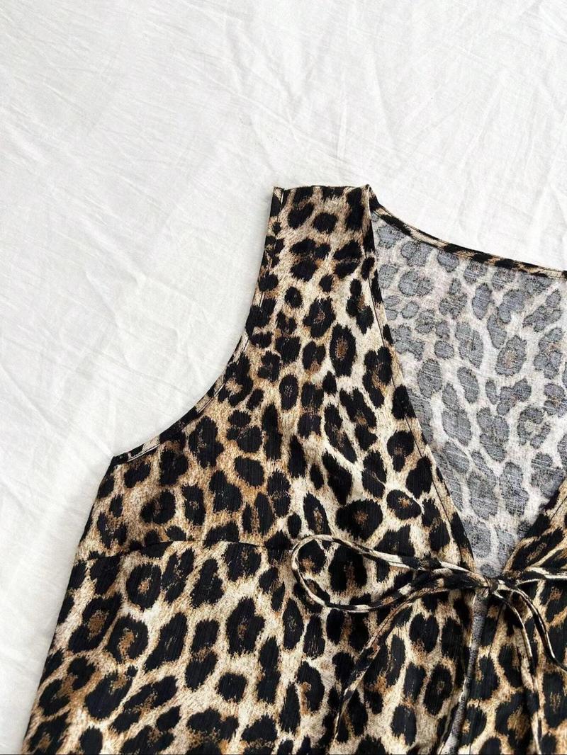 Women's All Over Print Tie Front Tank Top, Casual Sleeveless V Neck Top for Summer, Ladies Clothes for Daily Wear