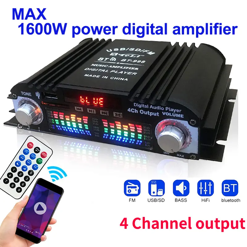 1600W Peak Power 4-Channel Digital HiFi Audio Amplifier - Bluetooth Karaoke Player, FM Radio, Remote Control Support, USB, Card, Adapter Compatibility, Device
