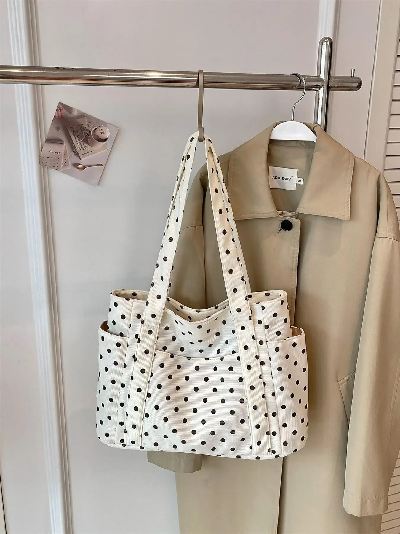 Women's Vintage Polka Dot Canvas Tote Bag, 4 Colors Multi Pocket Large Capacity Handbag, Front Zip Pocket Side Slip Pockets Minimalist Casual Shoulder Bag for School Shopping Daily
