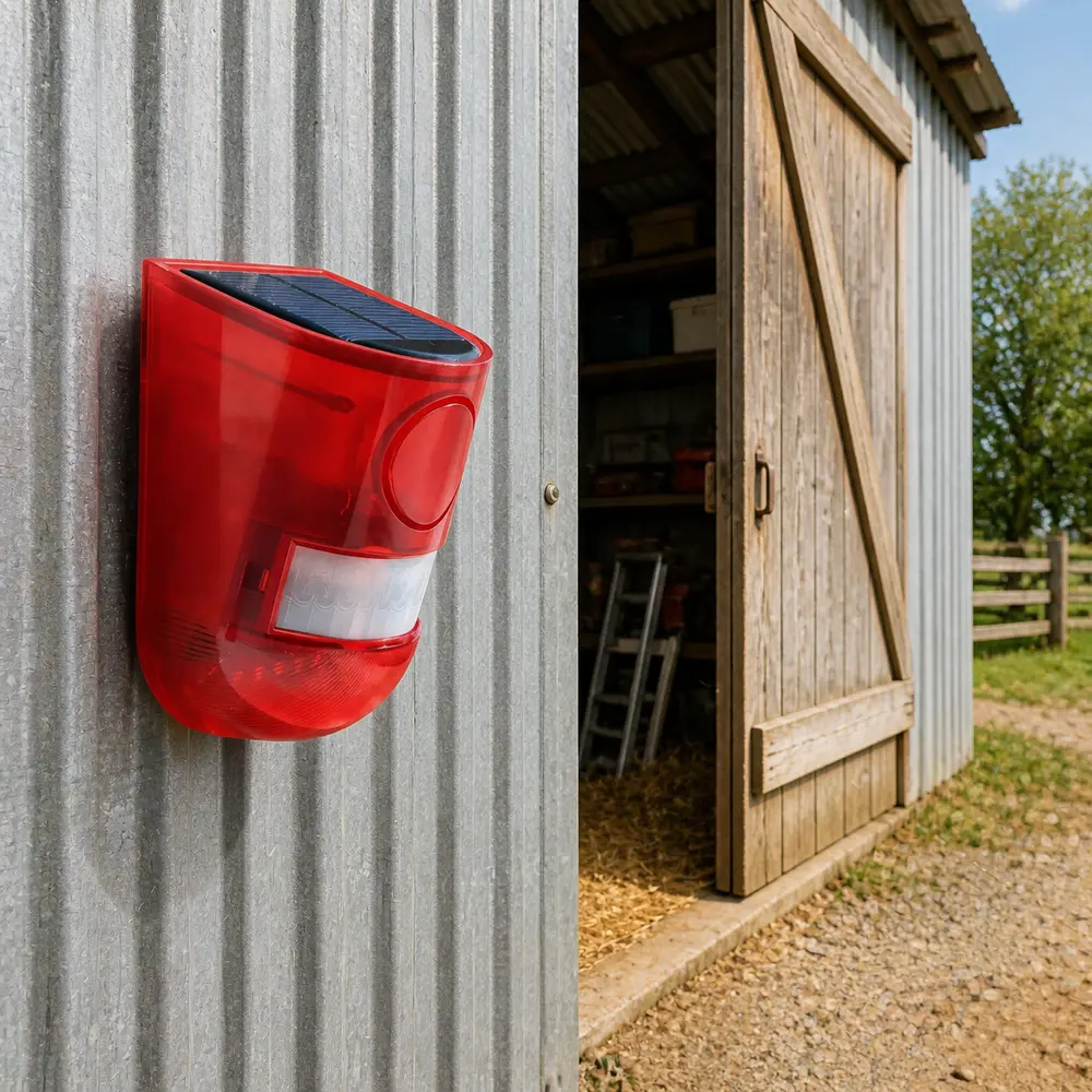 Solar Motion Sensor Alarm with motion sensing range is listed as about 5 to 8 m, loud siren and warning light modes for outdoor alert use, solar powered design reduces wiring needs, IP55 rating supports outdoor placement in normal weather