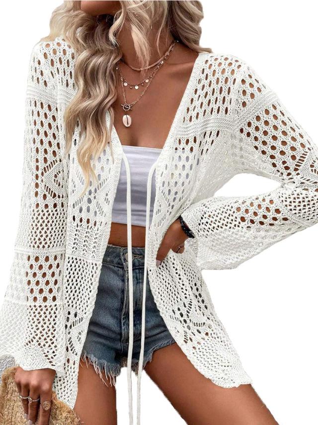 Women's Solid Color Hollow Out Tie Front Crochet Cardigan, Casual Long Sleeve Knitwear for Summer, Fashion Women's Knit Clothing for Daily Wear, Knitting, Summer Cardigan Women, Beach Cover Up, Lightweight Knit Top, Boho Crochet Sweater, Vacation Outfit