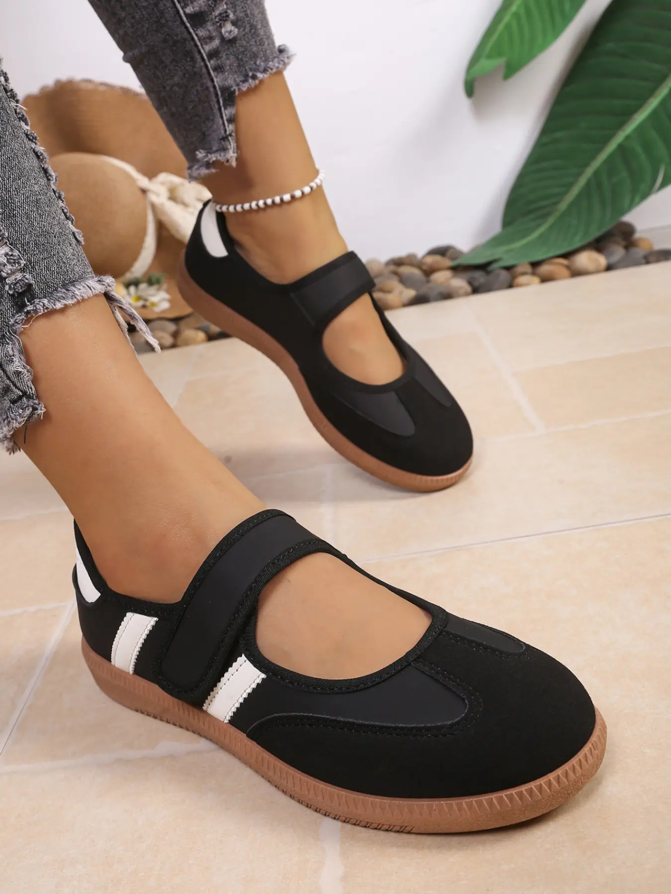 Breathable Mesh Velcro T-Strap Mary Jane Style Women's Shoes, Vintage Rubber Sole Striped Casual Sneakers, Comfortable & Stylish Design