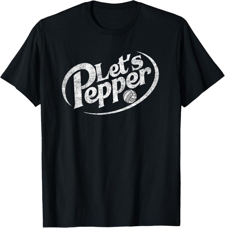 Cotton Unisex Volleyball Let's Pepper Practice Distressed Design Round Neck Short Sleeve T-Shirt Women's Men Graphic Tee