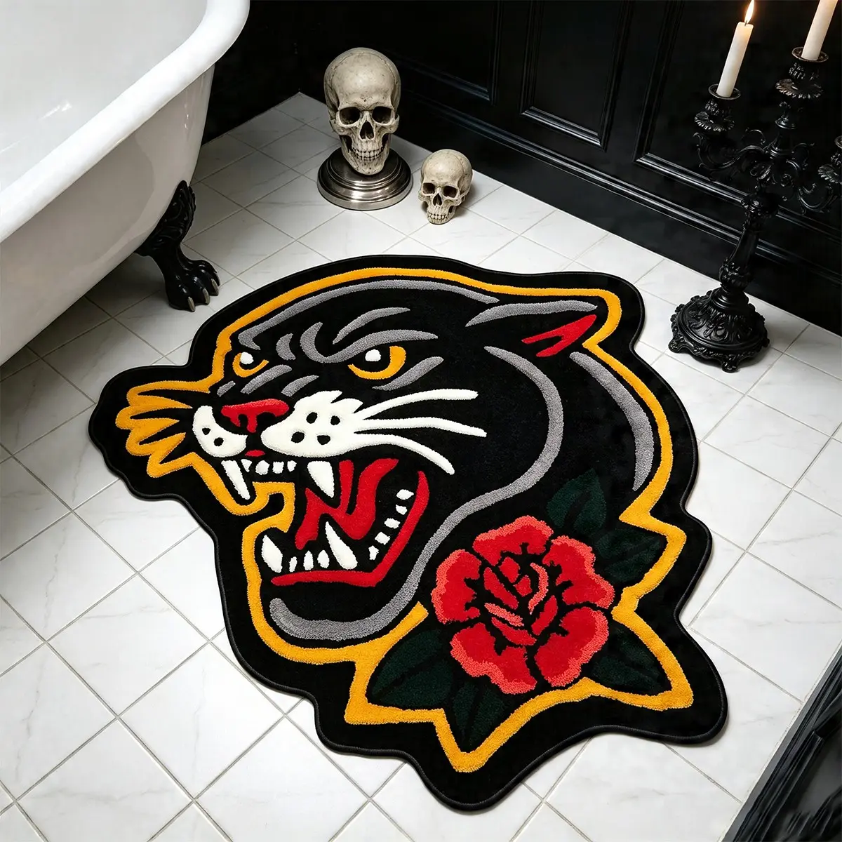 Panther Rose Asymmetric Rug, American Vintage Bedroom Mat, Gothic Home Decor, Halloween Gift, Indoor Use