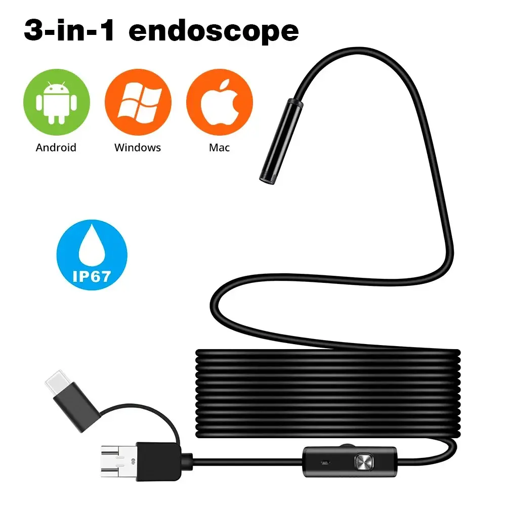3-in-1 USB Endoscope Borescope - 7mm 1m Snake Camera, 480P VGA Resolution, 6 LED Lights, Waterproof, Compatible with OTG Android Phones, PC, MacBook for Pipeline Inspection