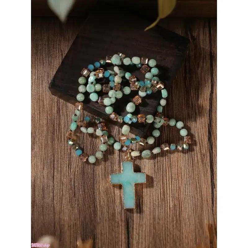 [SummerWins]Natural Crystal Tian Stone Necklace Unique Crystal Design Long Sweater Chain Cross Pendant Faith Symbol Jewelry, Purify Energy, Enhance Self-Acceptance, Healing Accessory, Fashion Accessory Necklace, Spiritual Pendant, Pendant With Necklace