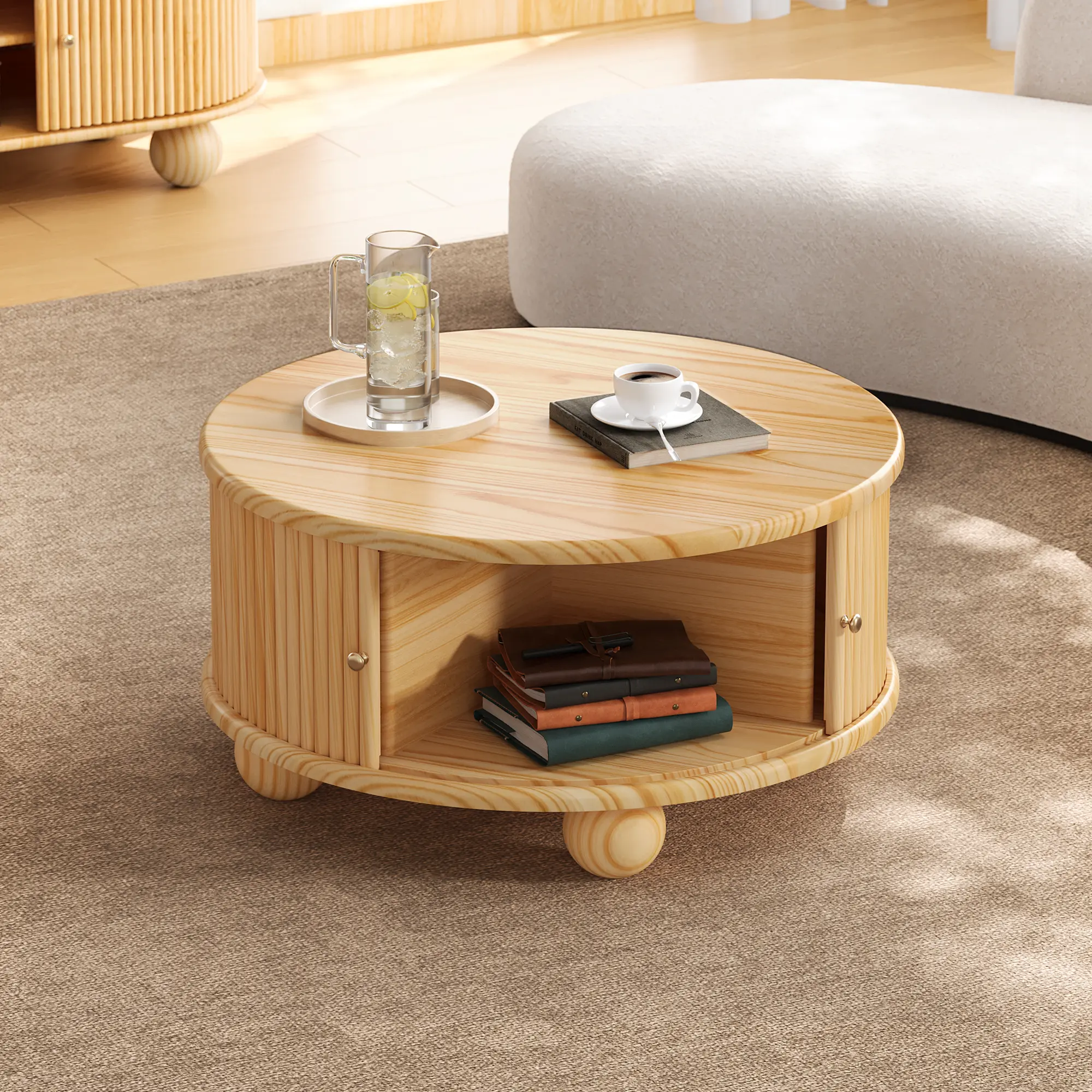 ARCH Round Fluted Edge Pine Solid Wood Coffee Table with Storage, Natural Finish, Sliding Door, 31.8" Diameter, Hidden Compartment, Modern Minimalist Design for Minimalist Decluttering, 1-Pack, Living Room Indoor Furniture