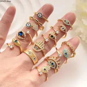 18K Gold Filled Evil Eye Open Ring Set for Women, Minimal Micro Pave Adjustable Finger Jewelry for Daily Wear Party Fashion Elegant Gift Accessory