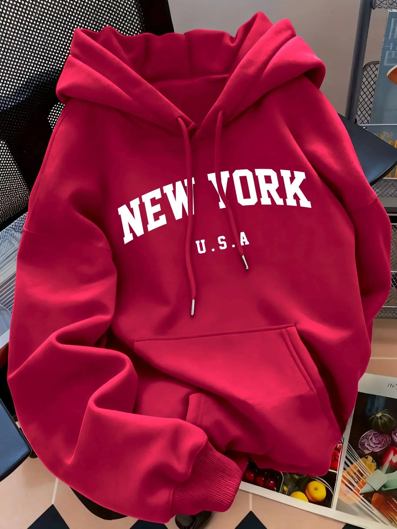 New York Letter Print Hoodie, Long Sleeve Women's Casual Warm Sweatshirt, Adjustable Drawstring, Kangaroo Pocket, Fall Winter Outdoor Wear