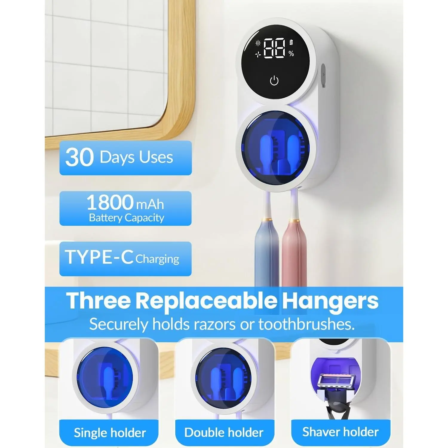 Wall Mounted Covered Toothbrush Holder - Single Unit Space Saver with 140°F Dryer, Sealed Dustproof Moisture-Proof Structure, Hygienic Storage Rack for Bathroom Vanity & Households