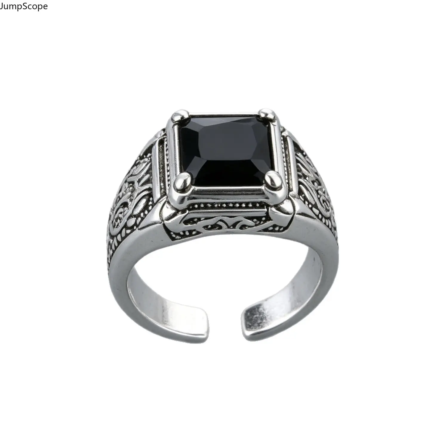 Antique Silver-Plated Open Signet Ring for Men - Vintage Retro Adjustable Band, Square Black Onyx Center, Embossed Scroll Floral Wide Statement Ring, Birthday Gift Ideas for Him, Scroll Floral Emboss, Male Ring