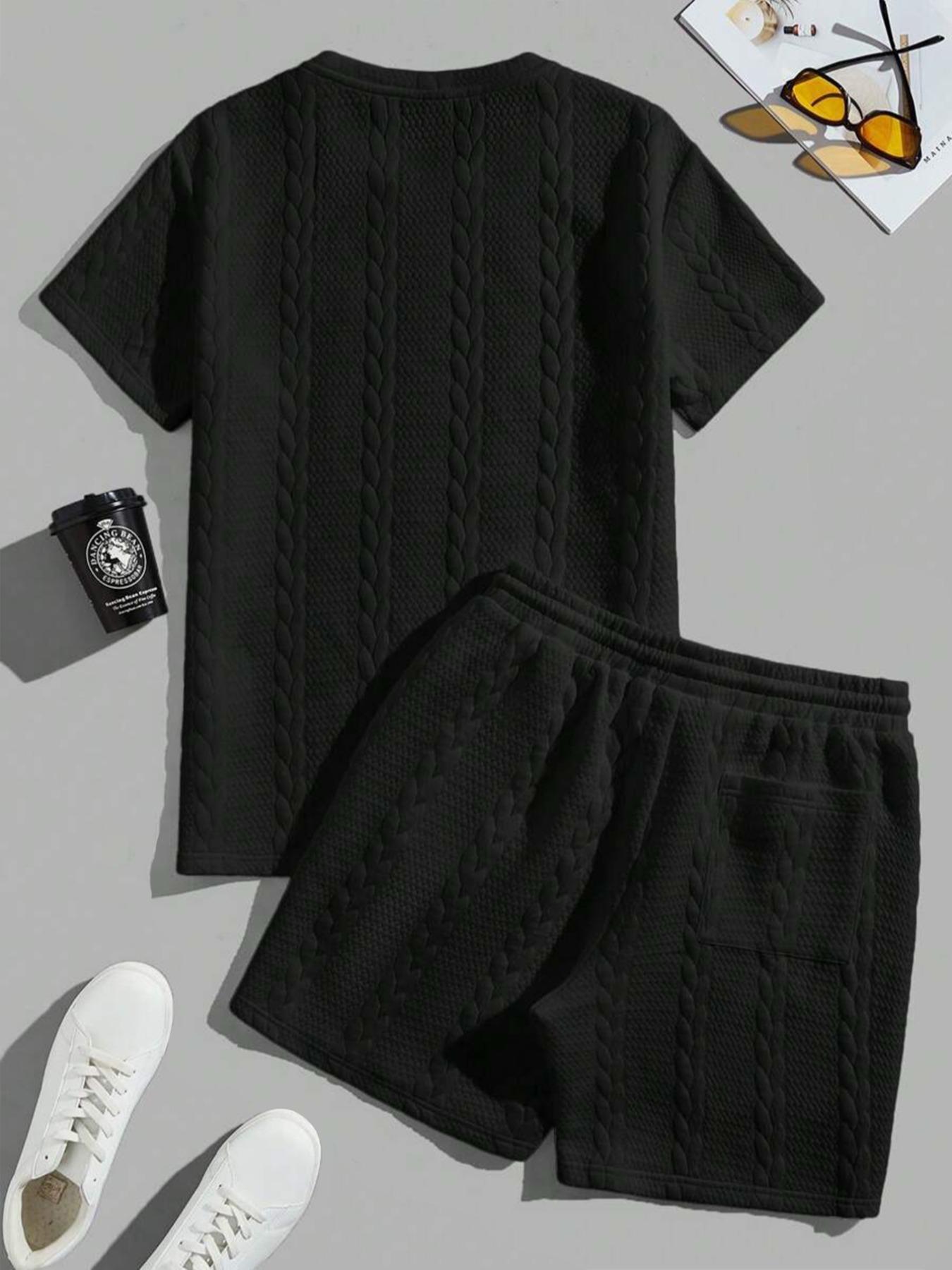 Men's Solid Textured Patched Tee & Drawstring Waist Shorts Set, Regular Fit Casual Round Neck Short Sleeve T-shirt & Pocket Shorts, Men's Summer Clothes, Casual Outfit Set Men's Solid Textured Patched Tee & Drawstring Waist Shorts Set, Regular Fit Casual Round Neck Short Sleeve T-shirt & Pocket Shorts, Men's Summer Clothes, Casual Outfit Set