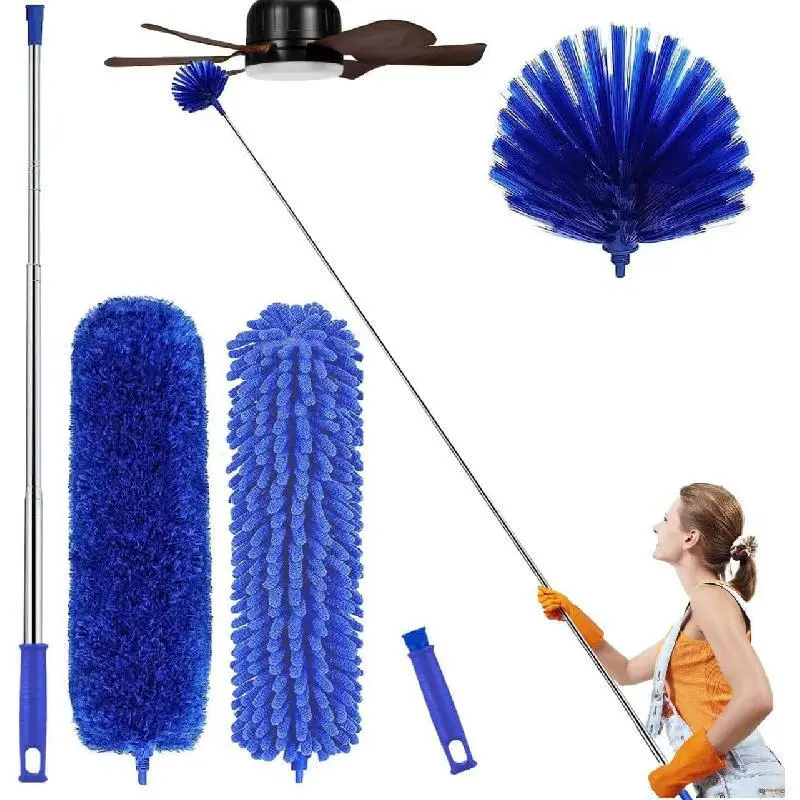 Professional Long Handle Dusters/Duster Heads Kit - 15"-100" Extendable Handle, 3 Machine Washable Quick-Dry Heads, Bendable Memory Wire, Allergen-Free, Sweeper Attachment, for Ceiling Fan, High Surfaces, Machine Washable Dusters/Duster Heads