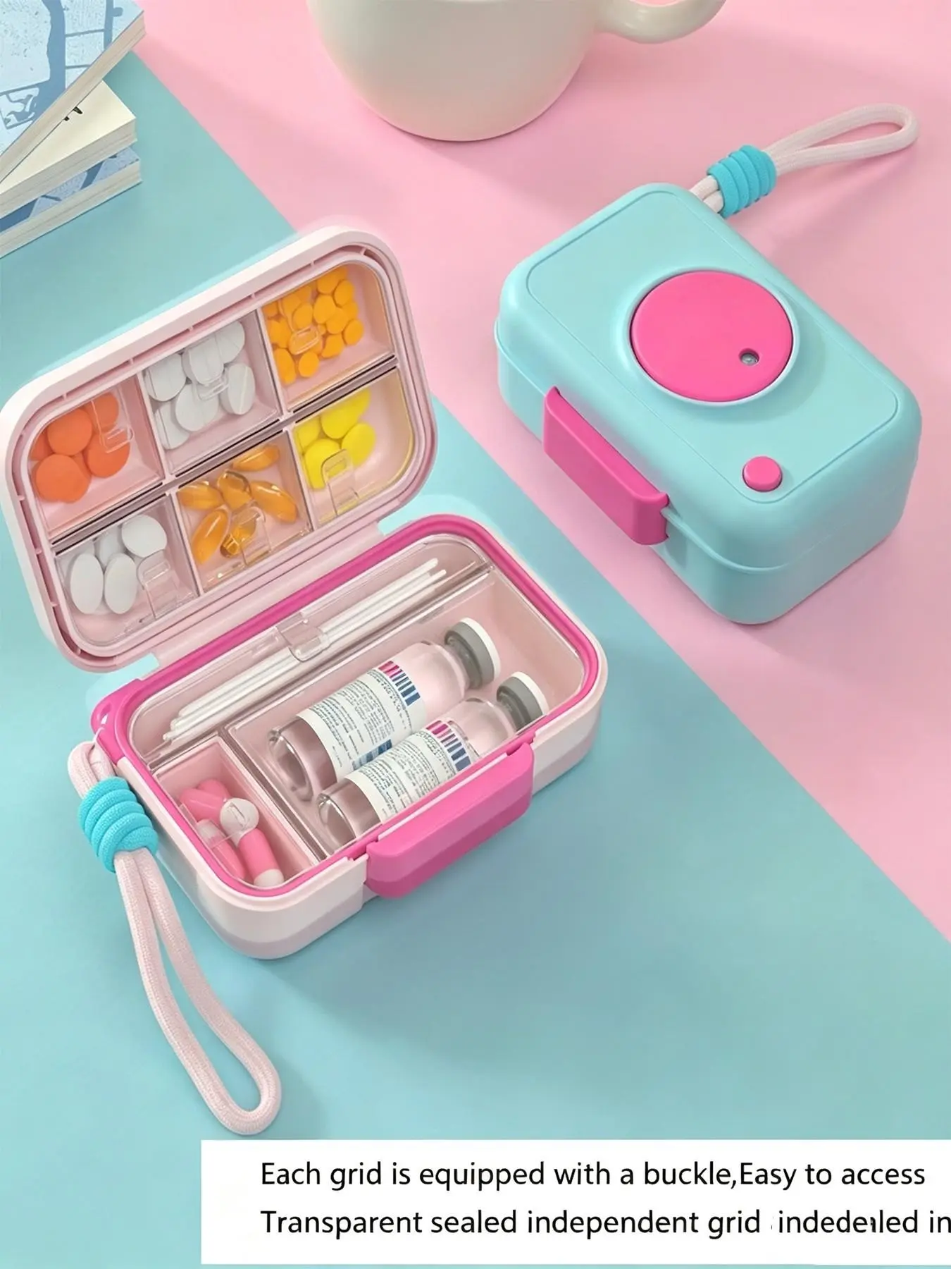 Camera‑Shaped Portable Pill Box, Travel Pill Organizer with Independent Sealed Compartments & Hand Lanyard, Cute Small Daily Medication Storage Case, Pocket Medicine Container for Outdoor Travel Daily Use