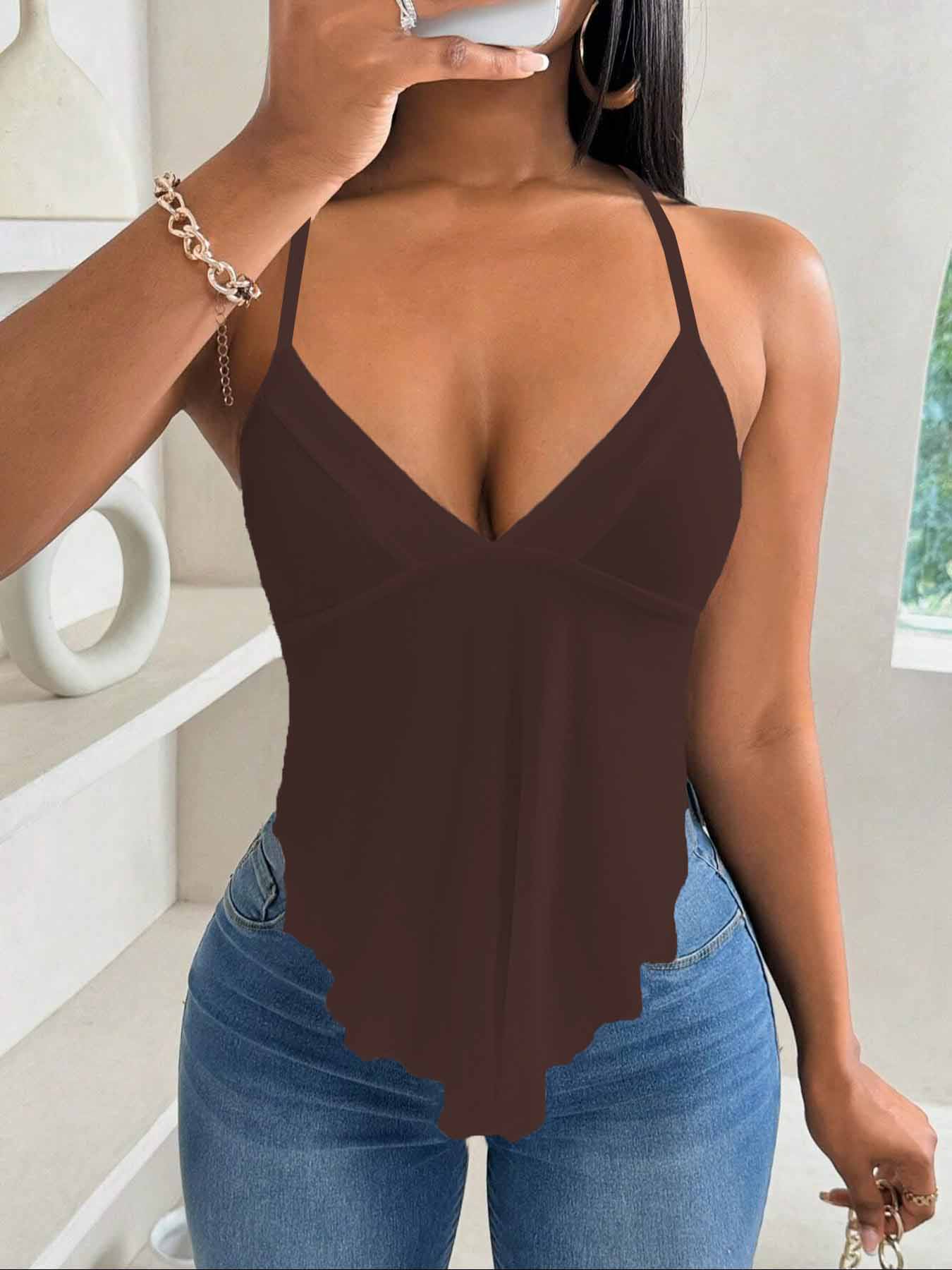 Women's Plain Lace Up Backless Asymmetrical Hem Knitting Fabric Cami Top, Casual Sleeveless V Neck Top for Summer, Ladies Clothes for Daily Wear, Womenswear