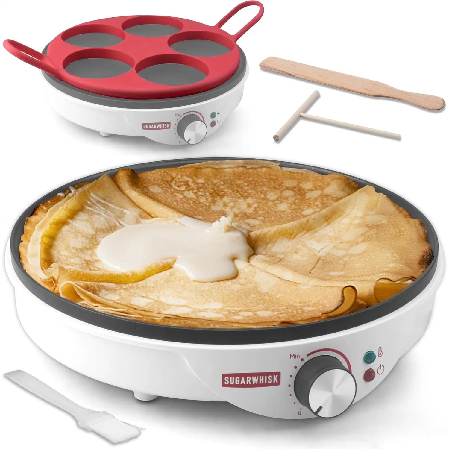Electric Crepe Maker, 12 Inch Crepe Pan with 5 X 4” Silicone Molds, Pancake Maker Machine for Pancakes Tortilla Fried Eggs, Batter Spreader & Spatula Included, White