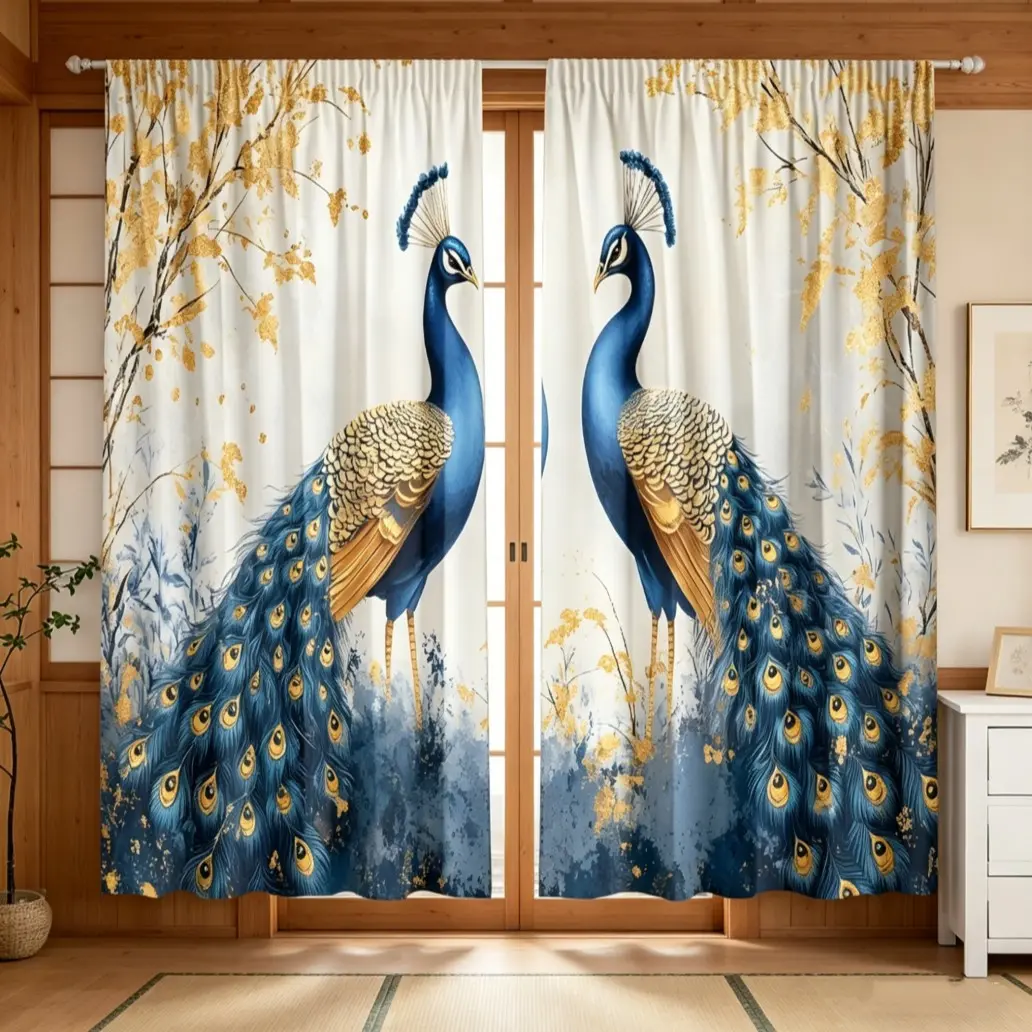 Vintage Peacock Pattern Curtain Set, Luxury Peacock Art Print Polyester Window Drapes 2 Panels