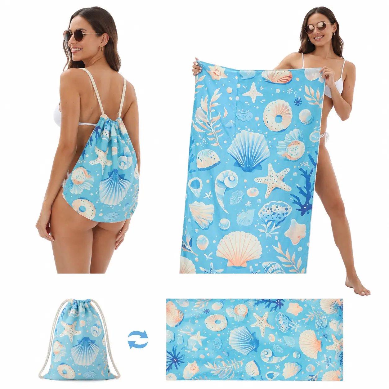 2 in 1 Beach Towel Backpack, Sand Free Beach Mat Converts to Drawstring Bag, Quick Dry Oversized Beach Blanket for Pool Travel Camping, Nautical Anchor Gift