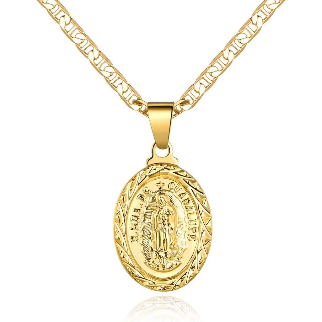 K Gold Plated Flat Mariner/Marina  MM Chain Necklace With Virgin Mary Guadalupe Charm Pendant