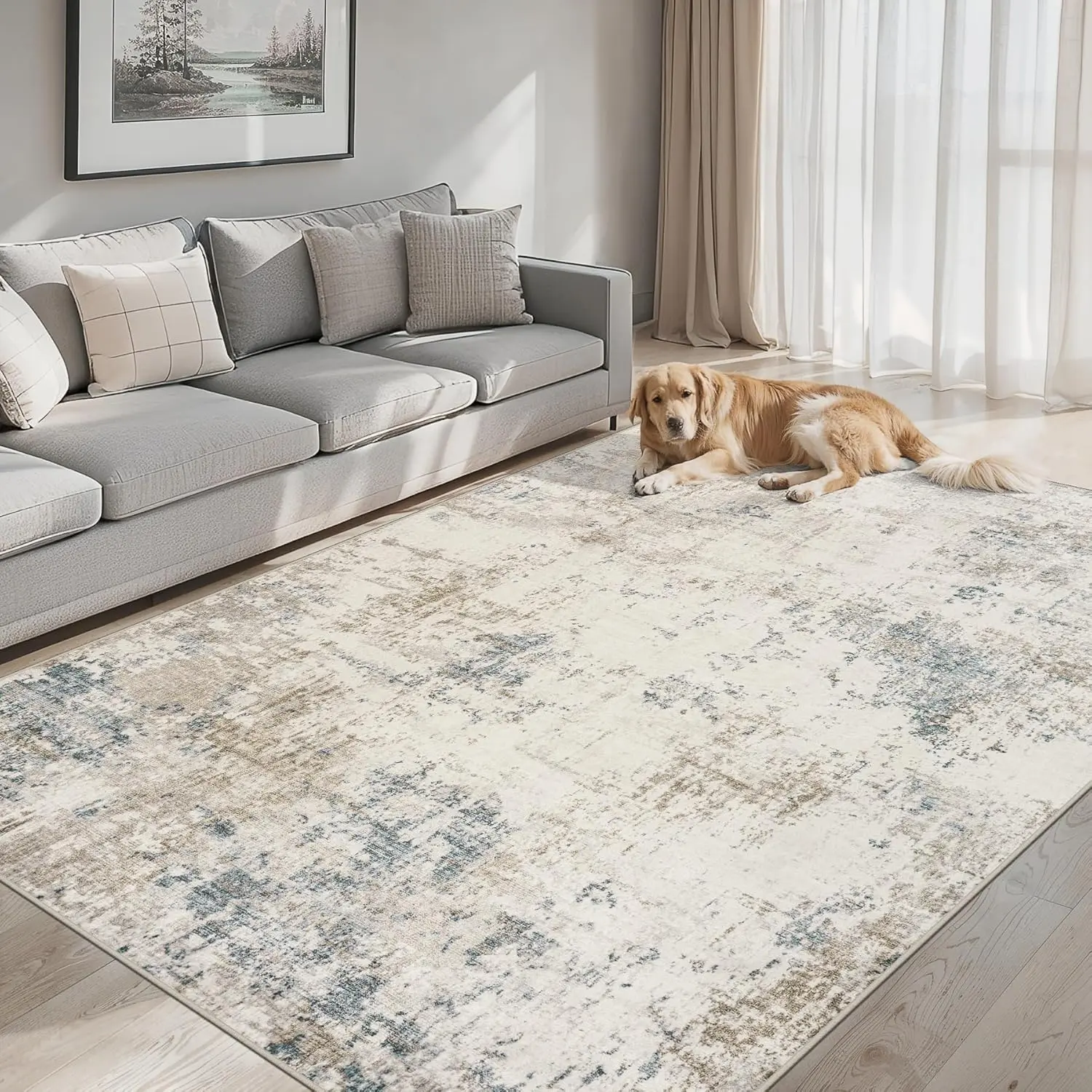 Area Rugs Living Room Rug - 5x7 Washable Soft Neutral Non-Slip Carpet Large Indoor Stain Resistant Thin Carpets for Bedroom Dining Room Farmhouse Nursery Home Office Multi