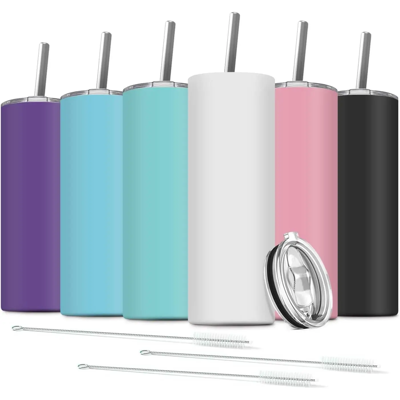 6 Pack Stainless Steel Skinny Tumbler, 20 OZ Double-Insulated Water Tumbler Cup with 6 Straw and 3 Brush, Vacuum Travel Mug Gift for Hot Cold Drinks with Cleaning(Assorted Colors)