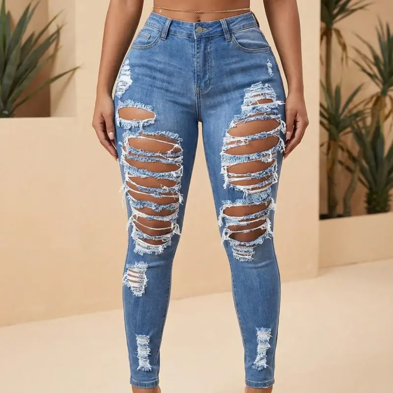 Women's Plain Ripped High Waisted Skinny Fit Stretchy Light Wash Jeans, Fashion Chic Casual Denim Pants for Daily Outdoor Wear, Ladies Bottoms for All Seasons, Fitted