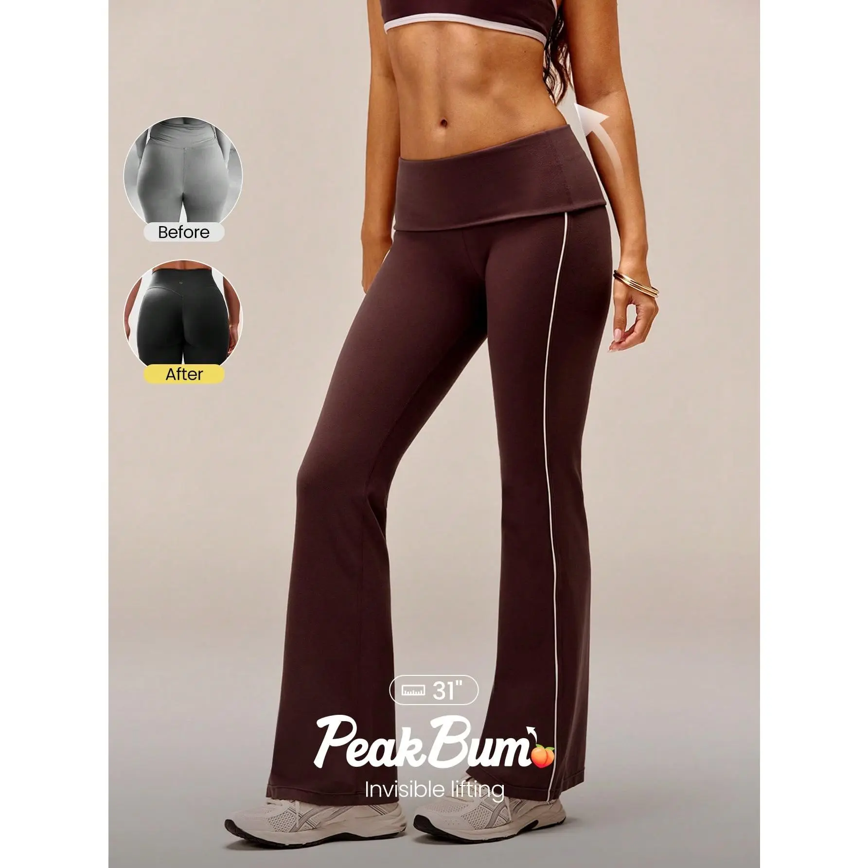 GLOWMODE 31" FeatherFit Full Motion Peakbum Contrast Side Stripe Low-Rise Foldover Waist Flare Leggings Low Impact Yoga Studio Pilates Daily Wear