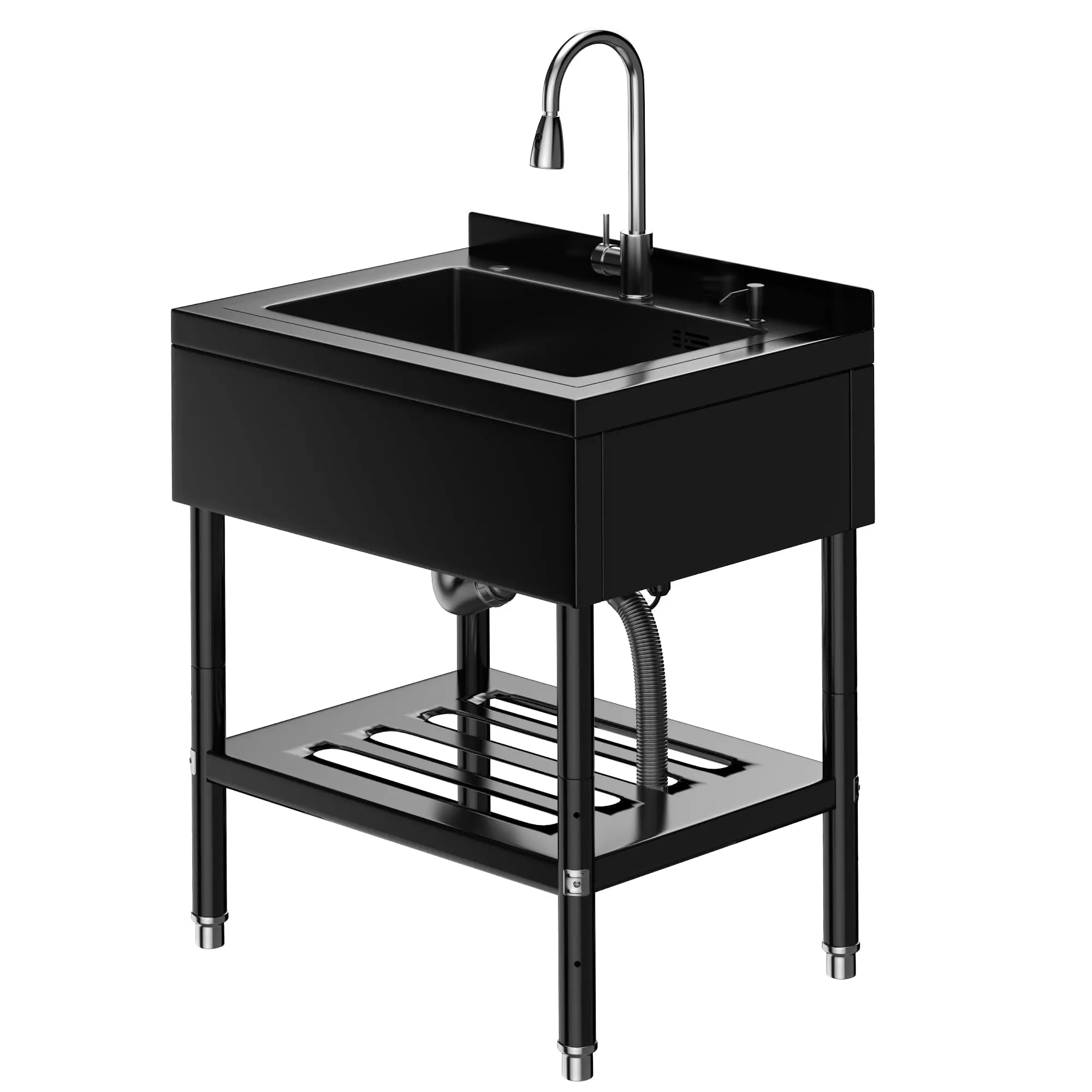Garvee Modern Stainless Steel Freestanding Utility Sink - Single Bowl Commercial Kitchen Fixture with Hot/Cold Tap, Drainage Pipe, Drain Kit, Storage Shelf for Kitchen, Outdoor, Fixtures