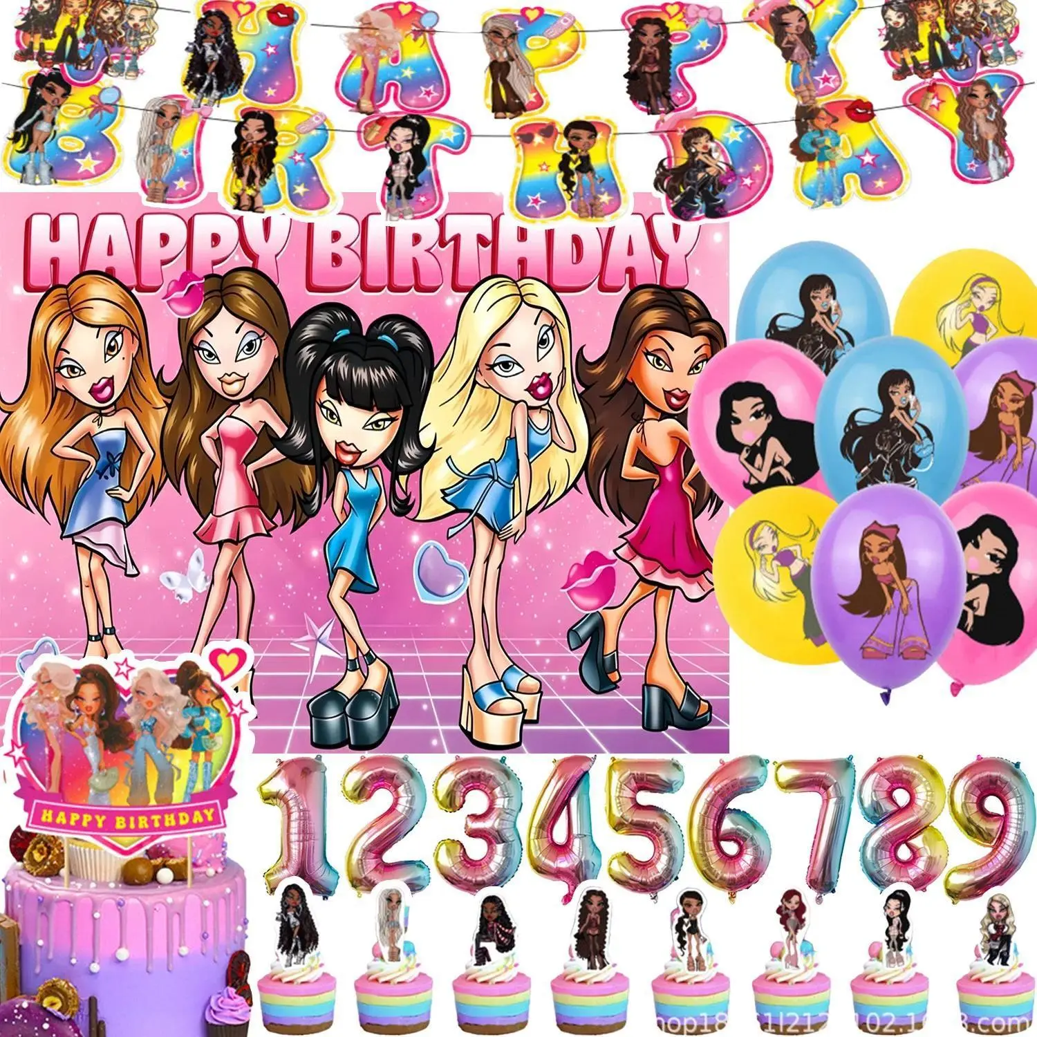 Cartoon&Bratz&Girl Theme Birthday Party Supplies Decor Y2K Retro 90s Balloon Banner Backdrops Cupcake Topper Kids Child Gifts
