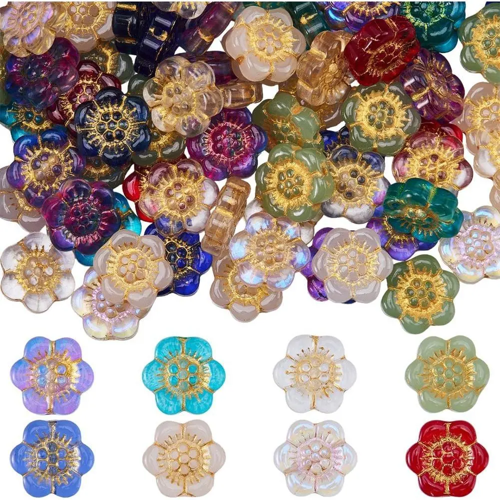 1 Box 100 count Glass Flower Beads Bohemian Spacer Beads Bulk  Metal Enlaced Cherry Blossom Charms Floral Loose Spacers for  Making Bracelet Necklace Earring DIY Crafts 13x14x4.5mm