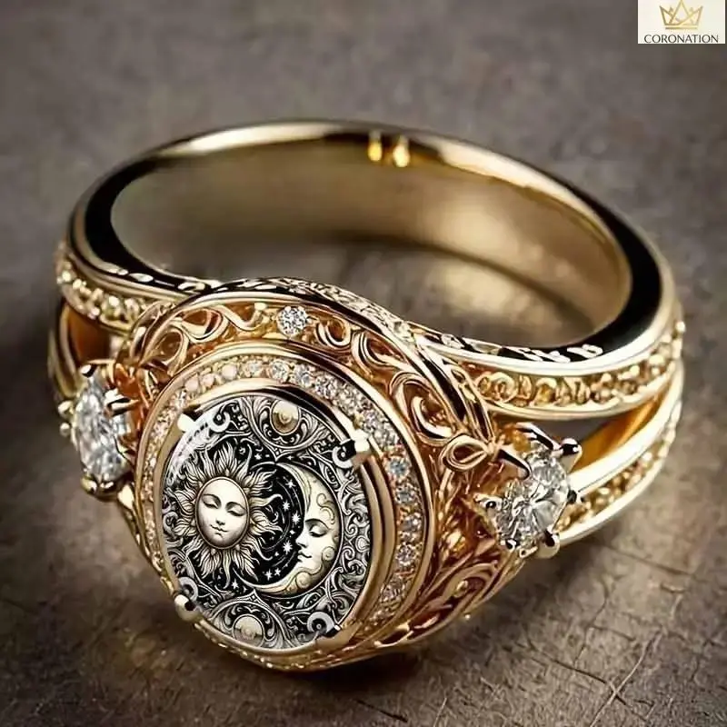 Sun Moon Ring for Women, Celestial Gothic Tarot Jewelry, Vintage Gold Constellation Adjustable Statement Ring, Y2K Aesthetic Charm Accessory for Everyday Outfits, Parties, Dates & Gifts