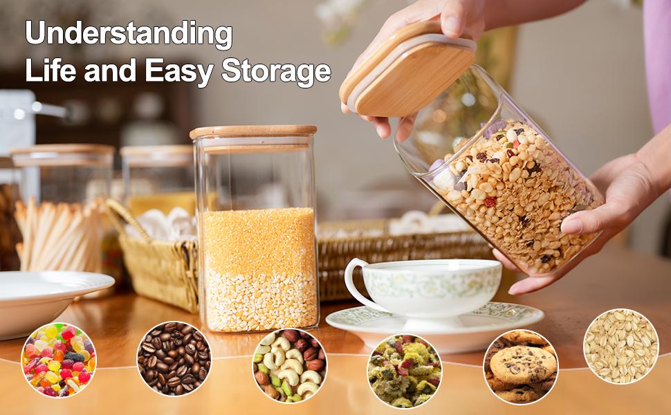 Glass Food Storage Jars 37 oz Set of 6,Glass Storage Containers Clear Glass Food Canister with Bamboo Lid Airtight For Serving Tea, Coffee, Flour, Sugar, Candy, Cookie, Spice and More (Square)