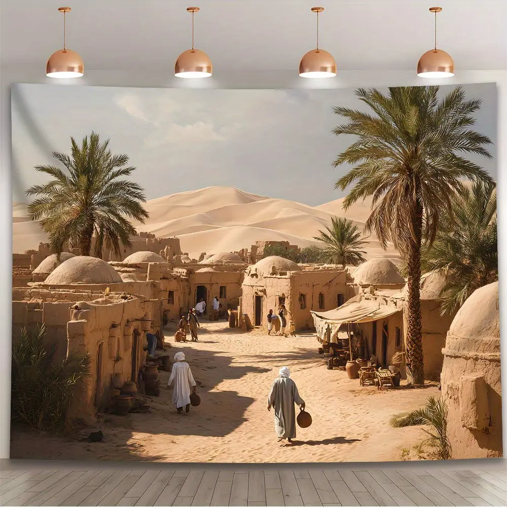 2D Middle Eastern Desert Oasis Village Scene Wall Backdrop - 1-Piece Ethnic Pattern Graphic Landscape Print Festive Backdrops & Banners for Arabian-Themed Birthday, Indoor Party Celebrations