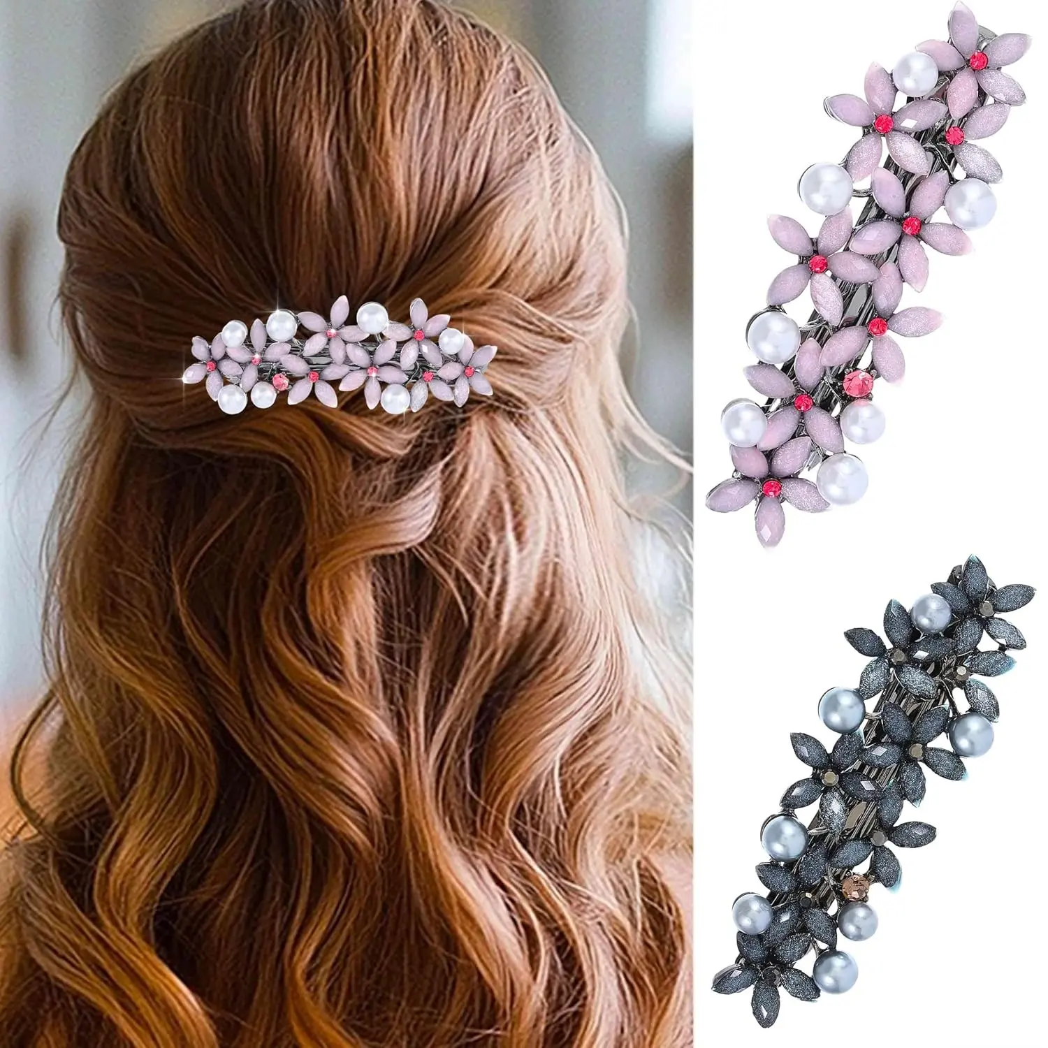 Flower French Hair Clips Barrette Pearl Hair Barrettes Vintage Hair Accessories for Women (Pack of 2) (Black Blue and Pink)