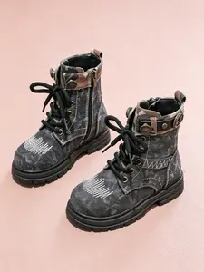 Kids' Street Style Denim Mid-Calf Boots, Distressed Seam Design, Camo Collar, Metal Button Buckle, Laces, Zipper, Durable, Bright Blue Sole