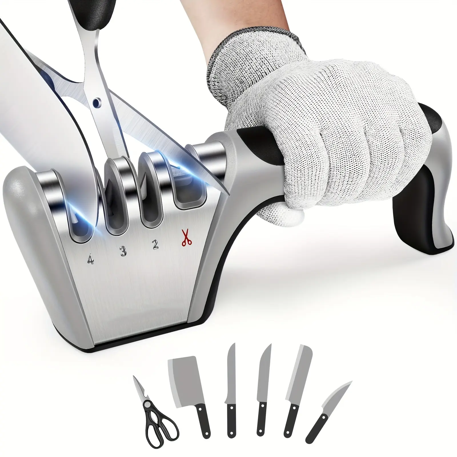 4-Stage Knife Sharpener, 4-in-1 Manual Kitchen Sharpening Tool for Knives, Scissors and Blades, Easy Home Use Knife Sharpener