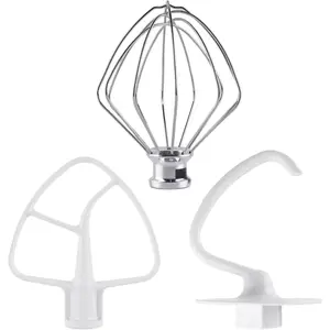 3-Piece Kit Attachments for KitchenAid Tilt-Head Stand Mixer, Accessories Stainless Steel K45WW Wire Whip, K45DH Dough Hook and K45B Coated Flat Blade Paddle with Scraper