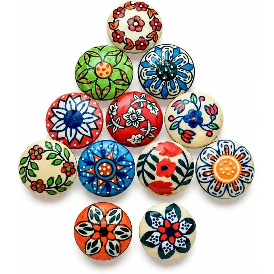 12 Pack Vintage Look Mix Flower Ceramic Knobs, Cabinet Door Drawer Cupboard Pull Handles (12 Flat)Gift