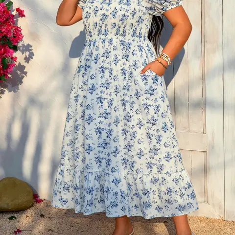 Plus Size Ditsy Floral Print Boho Long Dress with Pocket, Elegant Casual Sundress for Daily & Vacation Wear, Women's Summer Bohemian Dress, Bohemian Aesthetic