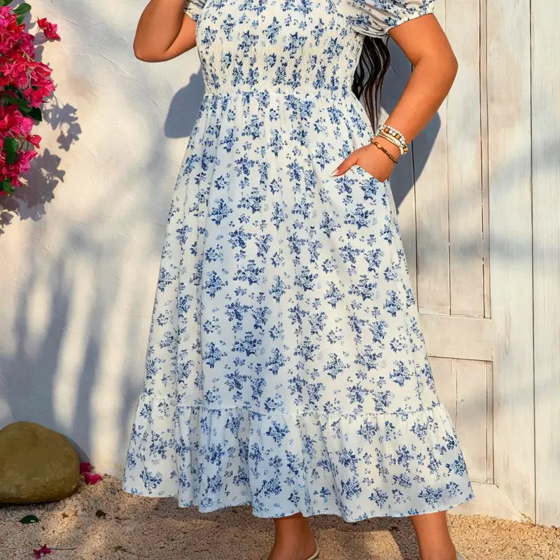 Plus Size Ditsy Floral Print Boho Long Dress with Pocket, Elegant Casual Sundress for Daily & Vacation Wear, Women's Summer Bohemian Dress, Bohemian Aesthetic