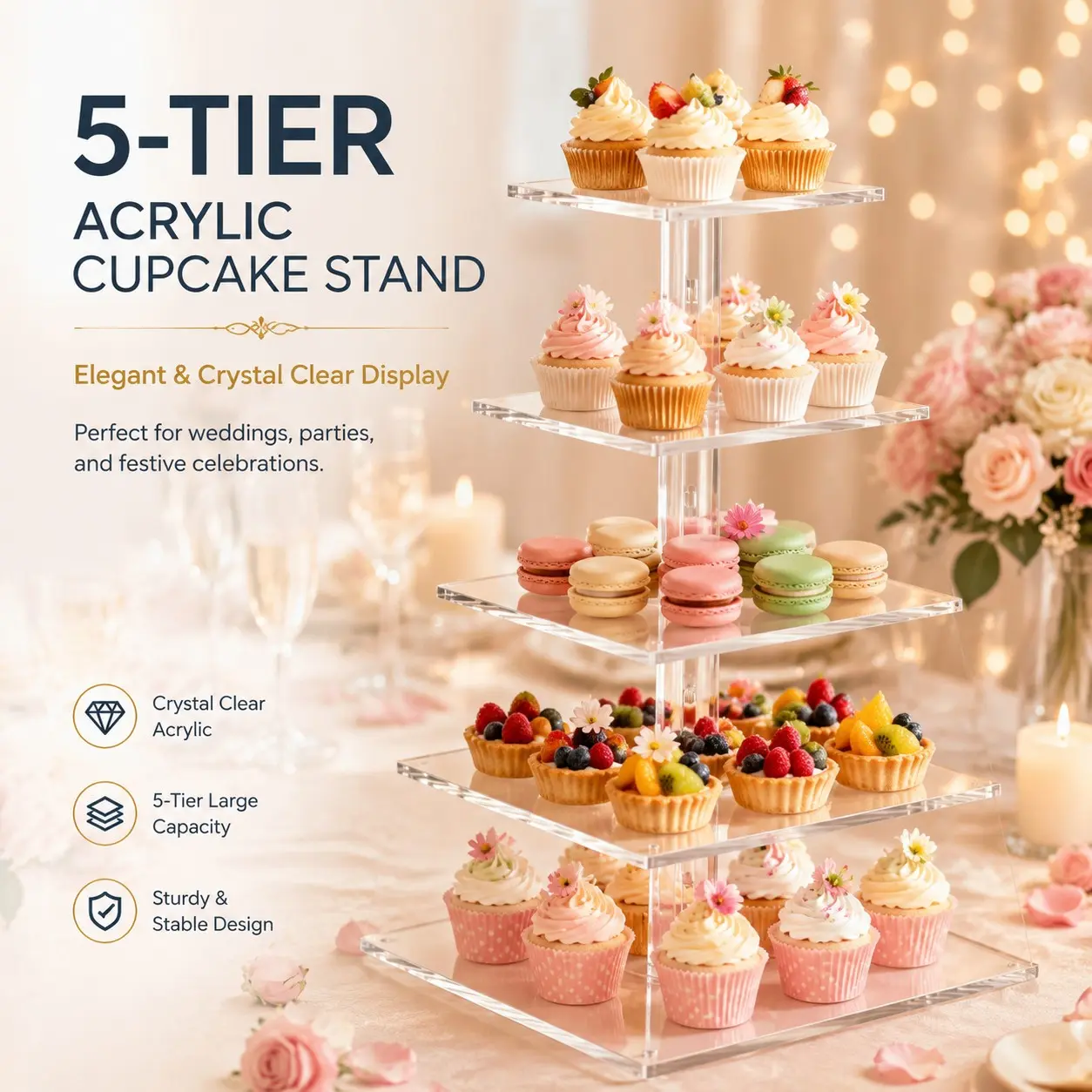 Five-Layer Transparent Acrylic Cake Stand, Durable Sweet Display Rack, Large Capacity Party Tray, Wedding Birthday Dessert Holder