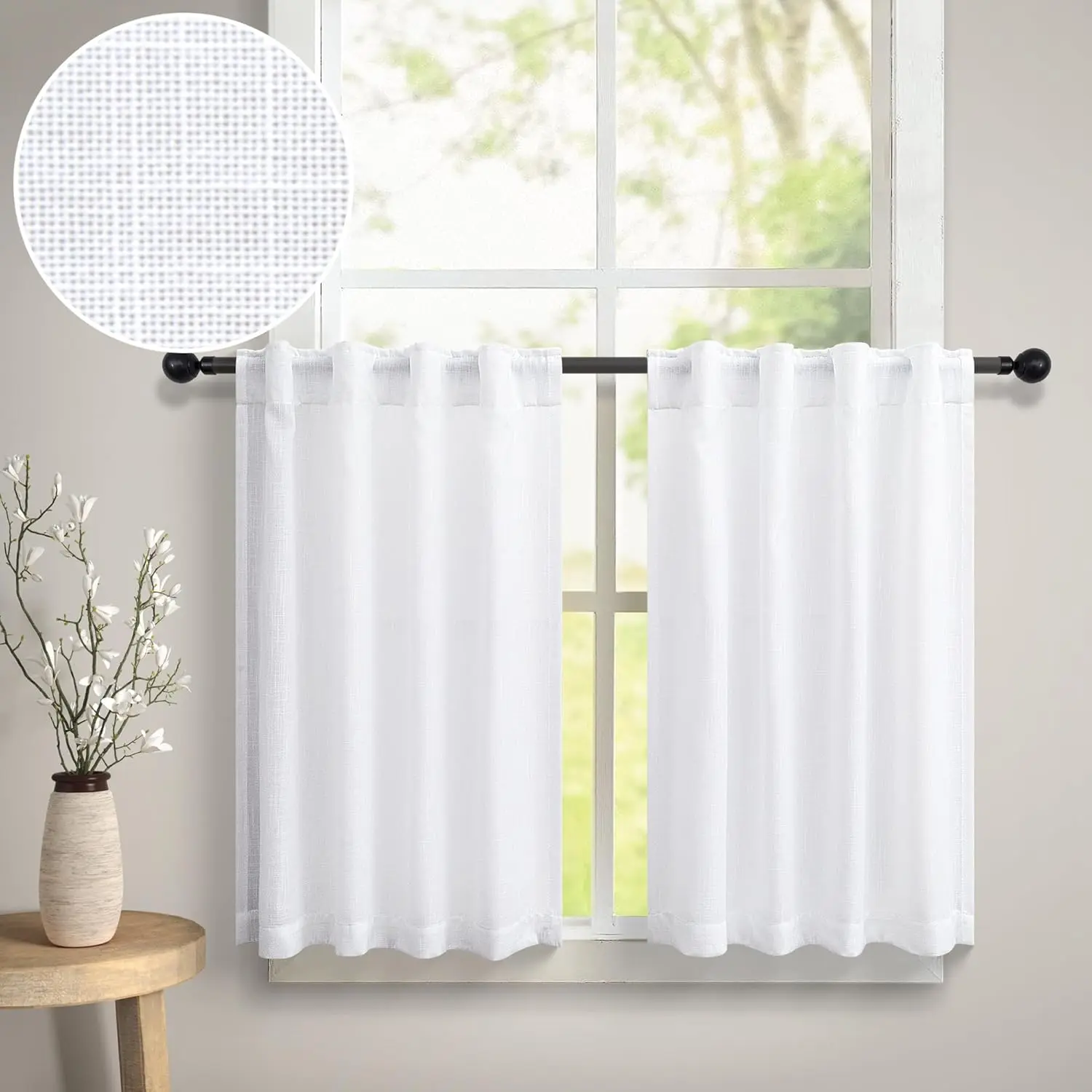 White Curtains 24 Inch Length for Small Windows 2 Panel Lace Cotton Textured Sheer Short Cafe for Laundry Shelves Vintage Farmhouse 36x24
